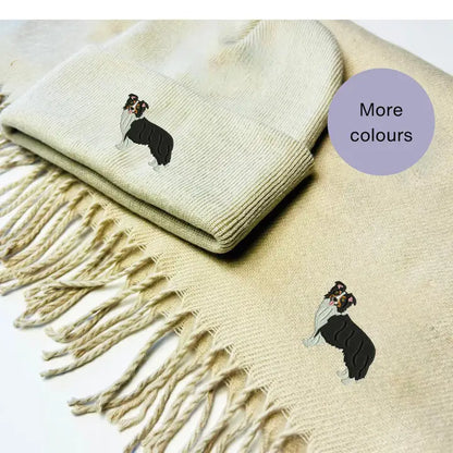 Matching Border Collie Embroidered Scarf and Beanie Hat Set