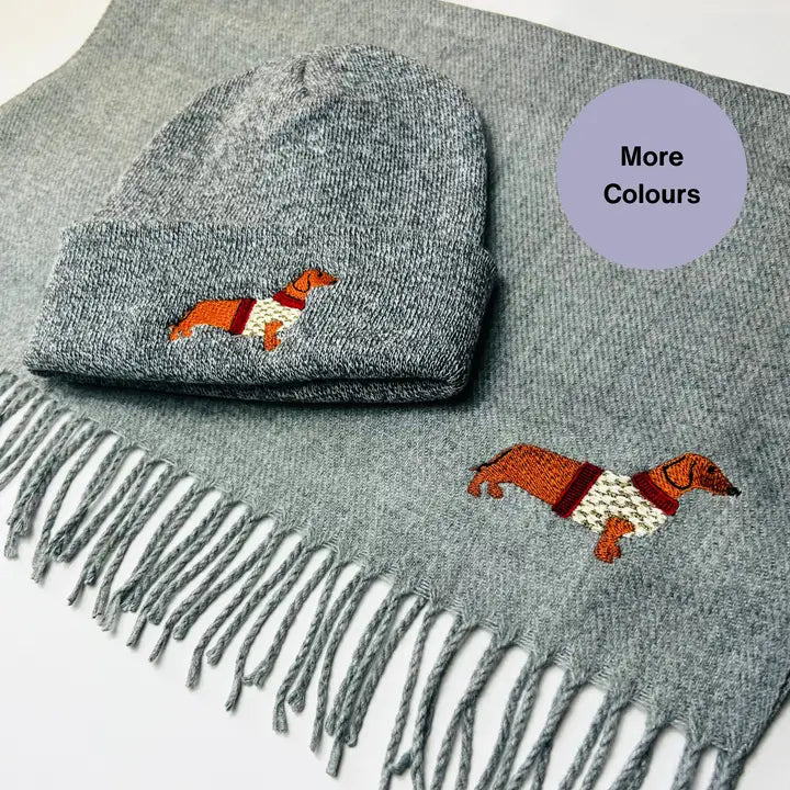Matching Dachshund Embroidered Scarf and Beanie Hat Set