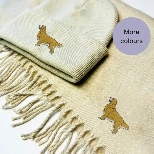 Matching Golden Retriever Embroidered Scarf and Beanie Hat Set